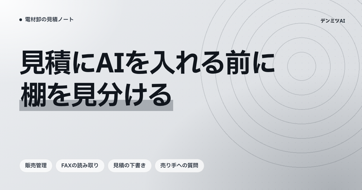 見積にAIを入れる前に棚を見分ける、という見出しと、販売管理・FAXの読み取り・見積の下書き・売り手への質問の4つの札を並べた表紙