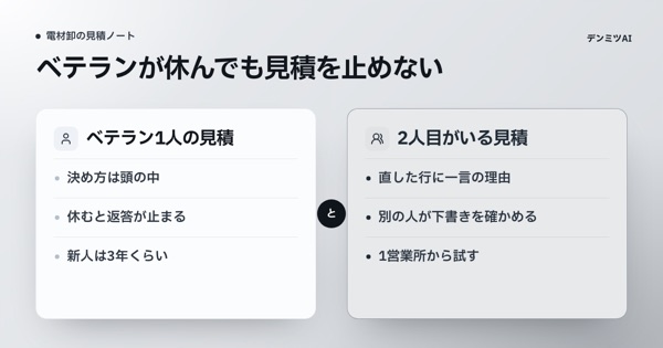 ベテラン1人の見積と、2人目がいる見積を左右に並べて比べた表紙