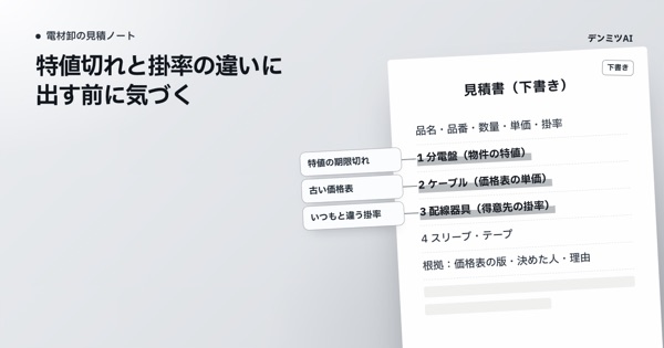 見積書の下書きに、特値の期限切れといつもと違う掛率の印が書き込まれた表紙