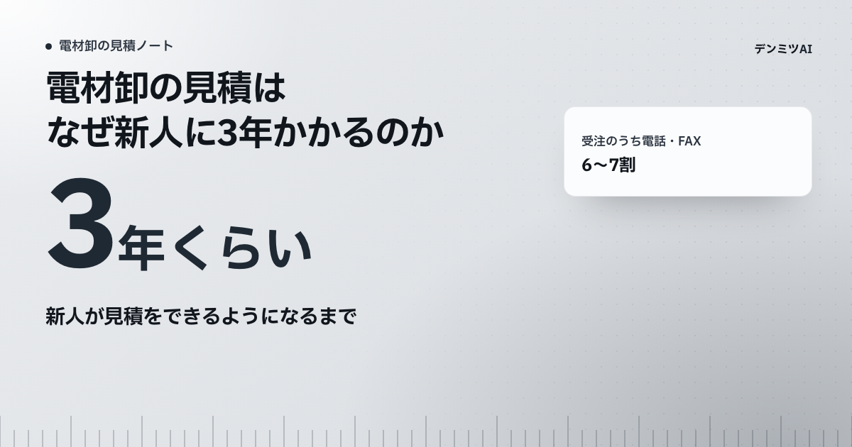 新人が見積をできるようになるまで3年くらい、という中小企業庁の聞き取りの数字を大きく示した表紙