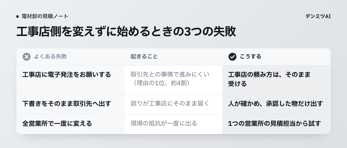 よくある3つの失敗と対策。工事店に電子発注をお願いする、下書きをそのまま取引先へ出す、全営業所で一度に変える。それぞれ、起きることと、こうする、を並べています。