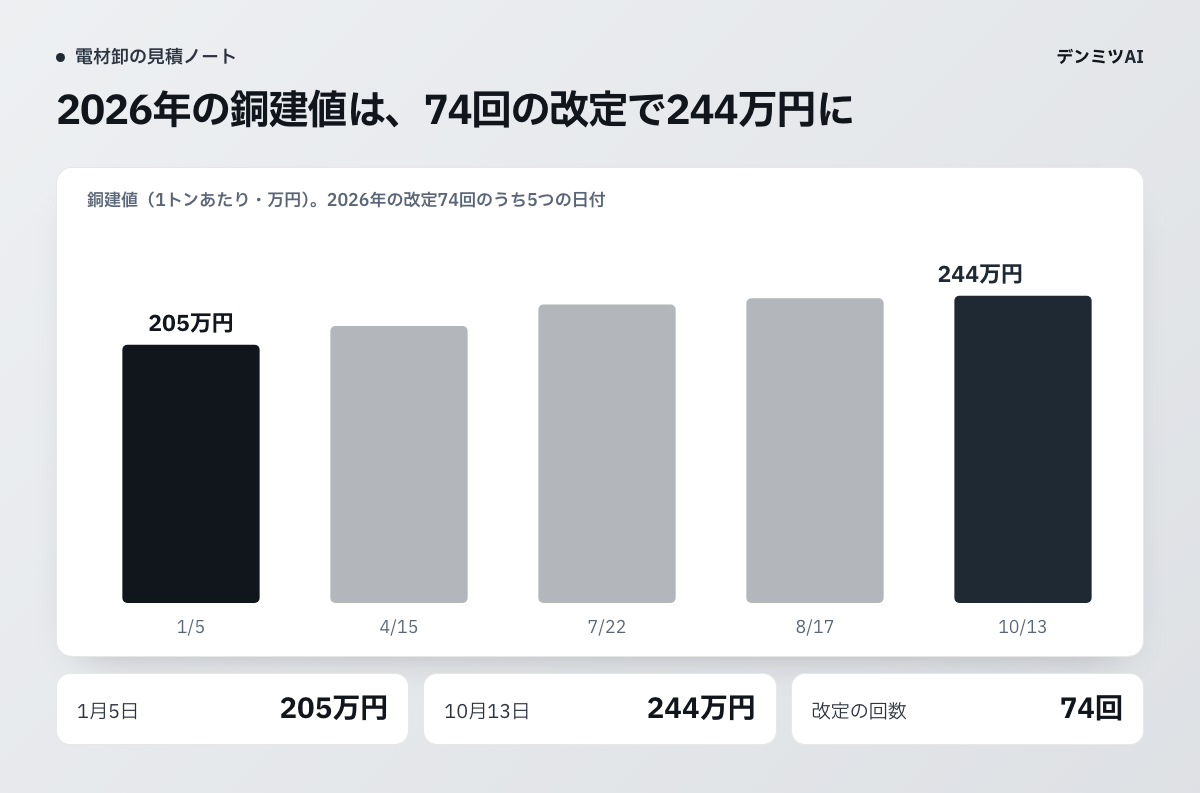 2026年の銅建値の棒グラフ。1月5日205万円、4月15日220万円、7月22日237万円、8月17日242万円、10月13日244万円(1トンあたり)。改定は74回。